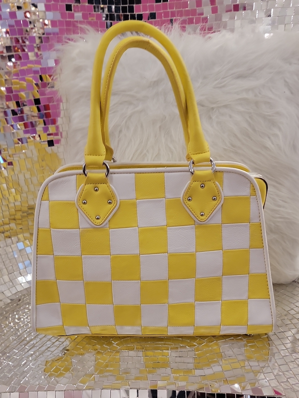 Title 🌼 Yellow & White Woven Checkerboard Satchel Handbag NWOT